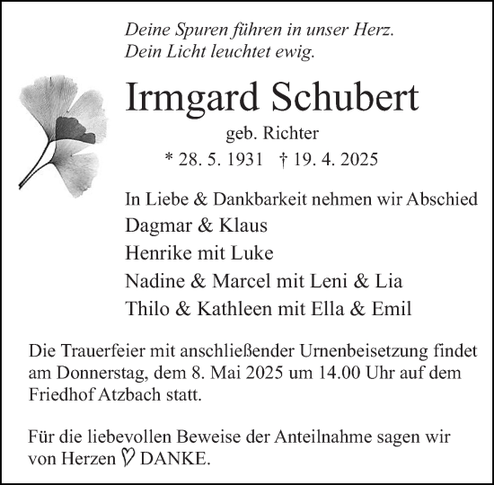 Traueranzeige von Irmgard Schubert von Wetzlarer Neue Zeitung
