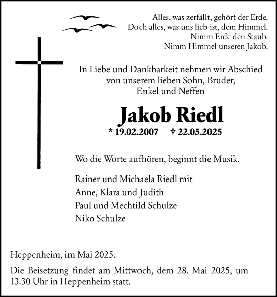 Traueranzeige von Jakob Riedl von Starkenburger Echo