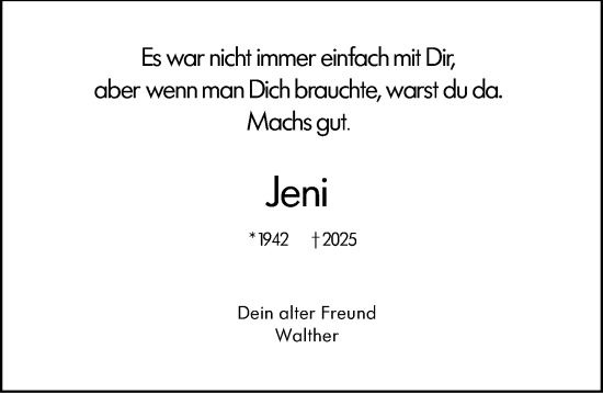 Traueranzeige von Jeni  von Allgemeine Zeitung Mainz