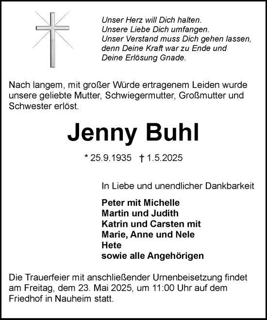 Traueranzeige von Jenny Buhl von Rüsselsheimer Echo