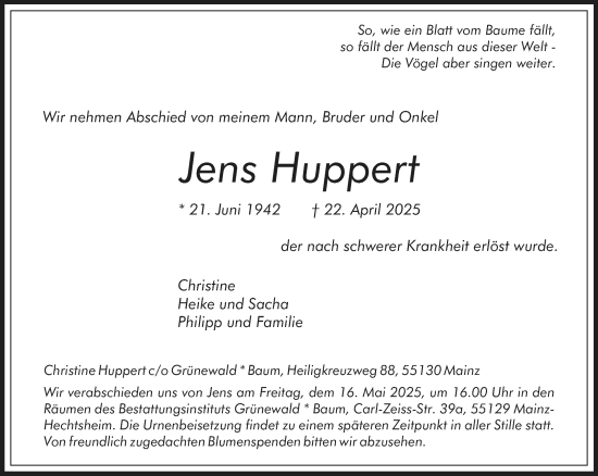 Traueranzeige von Jens Huppert von Allgemeine Zeitung Mainz