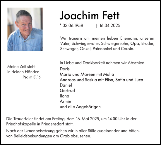 Traueranzeige von Joachim Fett von Hinterländer Anzeiger