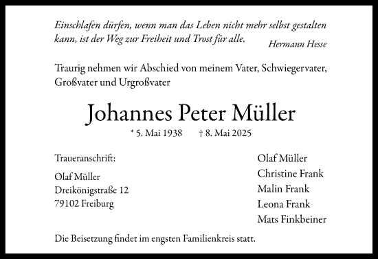 Traueranzeige von Johannes Peter Müller von Allgemeine Zeitung Rheinhessen-Nahe