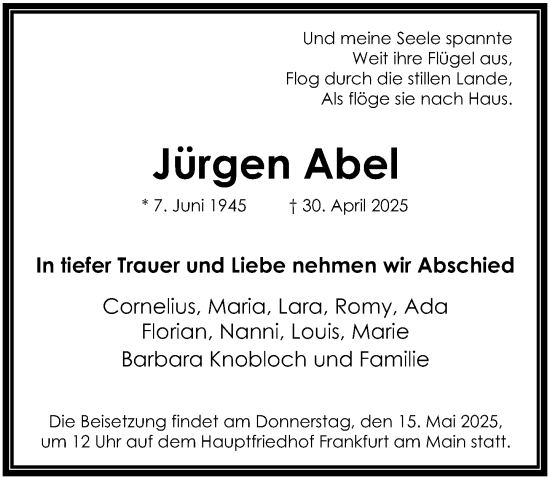 Traueranzeige von Jürgen Abel von Wiesbadener Kurier