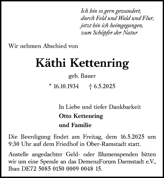 Traueranzeige von Käthi Kettenring von Darmstädter Echo