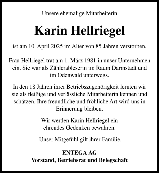 Traueranzeige von Karin Hellriegel von Odenwälder Echo