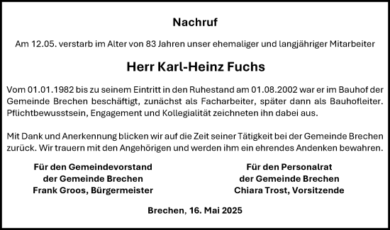 Traueranzeige von Karl-Heinz Fuchs von Camberger Anzeiger