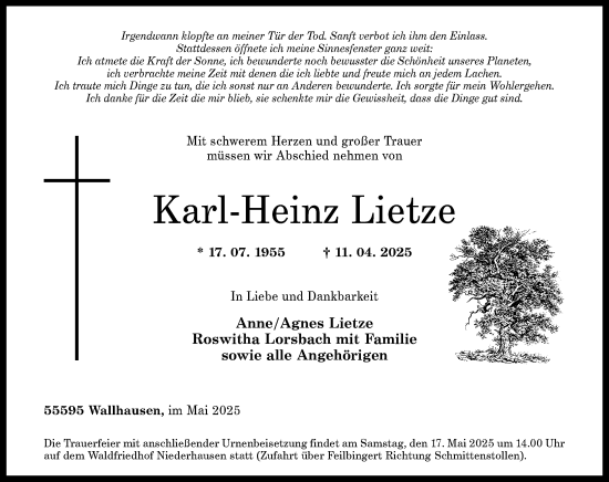 Traueranzeige von Karl-Heinz Lietze von Allgemeine Zeitung Rheinhessen-Nahe