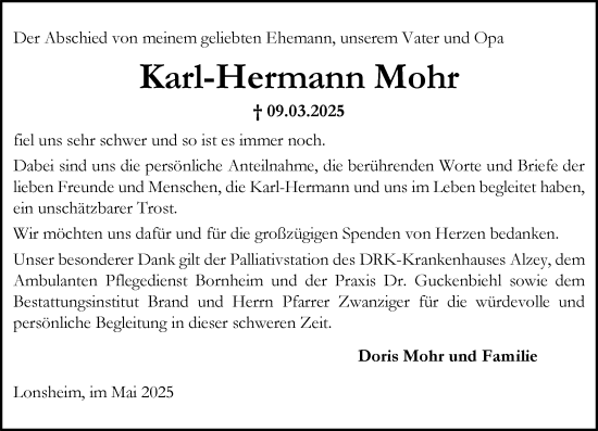 Traueranzeige von Karl-Hermann Mohr von Allgemeine Zeitung Alzey
