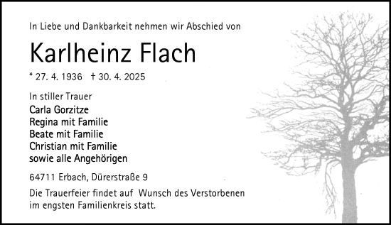Traueranzeige von Karlheinz Flach von Odenwälder Echo