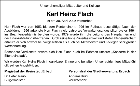 Traueranzeige von Karl Heinz Flach von Odenwälder Echo