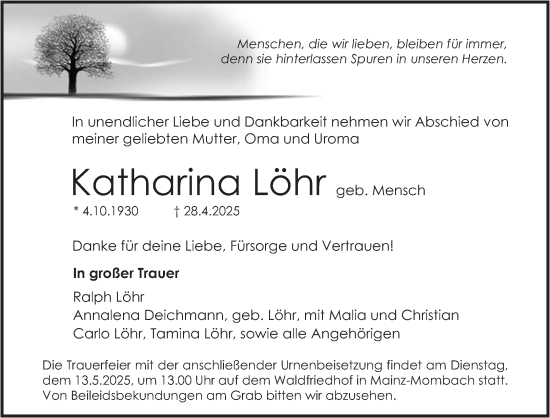 Traueranzeige von Katharina Löhr von Allgemeine Zeitung Mainz
