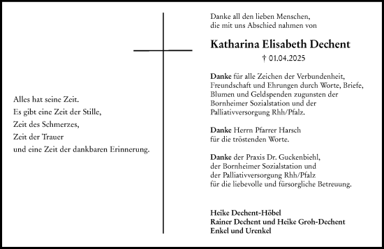 Traueranzeige von Katharina Elisabeth Dechent von Allgemeine Zeitung Alzey