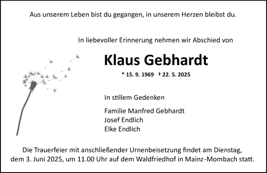 Traueranzeige von Klaus Gebhardt von Allgemeine Zeitung Mainz