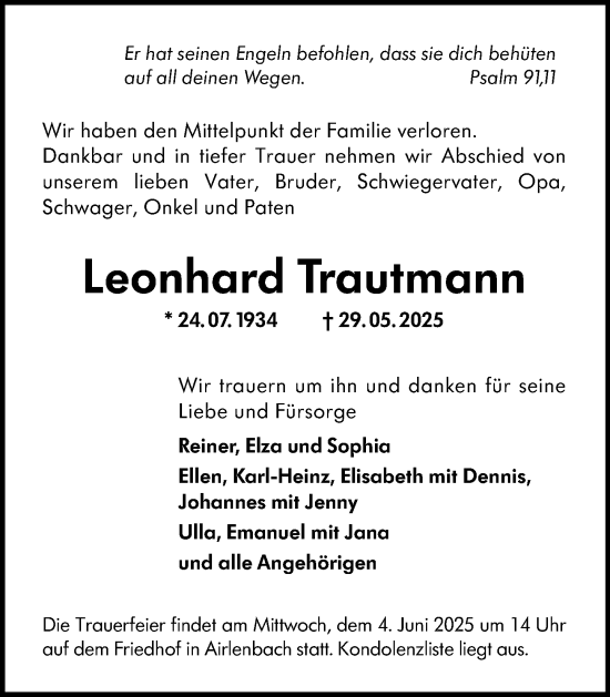 Traueranzeige von Leonhard Trautmann von Odenwälder Echo