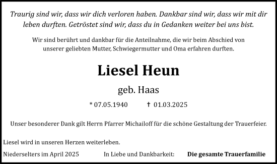 Traueranzeige von Liesel Heun von Camberger Anzeiger