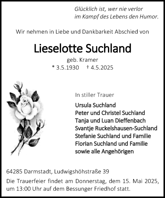 Traueranzeige von Lieselotte Suchland von Darmstädter Echo