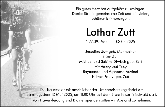 Traueranzeige von Lothar Zutt von Wetzlarer Neue Zeitung