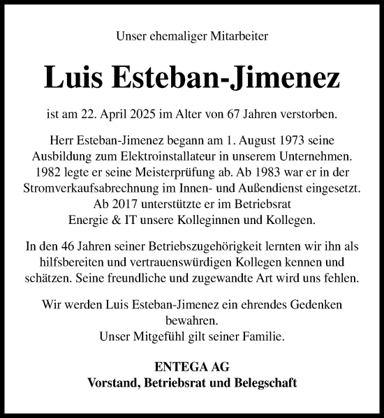 Traueranzeige von Luis Esteban-Jimenez von Odenwälder Echo