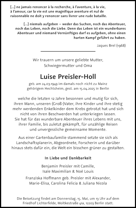 Traueranzeige von Luise Preisler-Holl von Allgemeine Zeitung Mainz