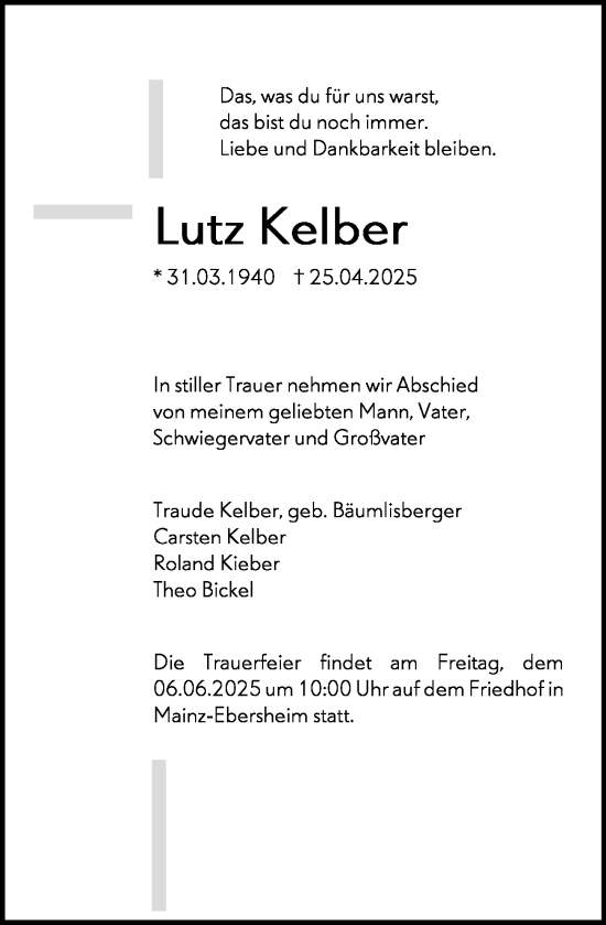 Traueranzeige von Lutz Kelber von Allgemeine Zeitung Mainz