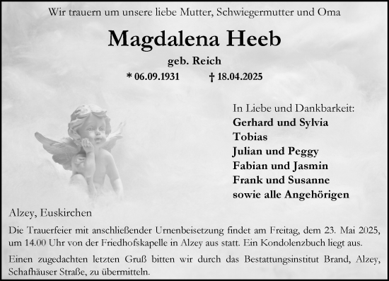 Traueranzeige von Magdalena Heeb von Allgemeine Zeitung Alzey