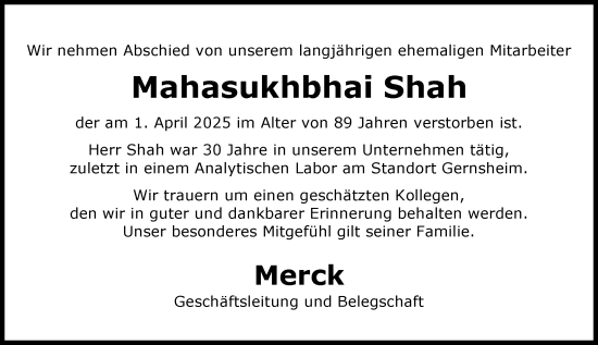 Traueranzeige von Mahasukhbhai Shah von Groß-Gerauer Echo