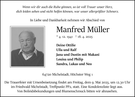 Traueranzeige von Manfred Müller von Odenwälder Echo