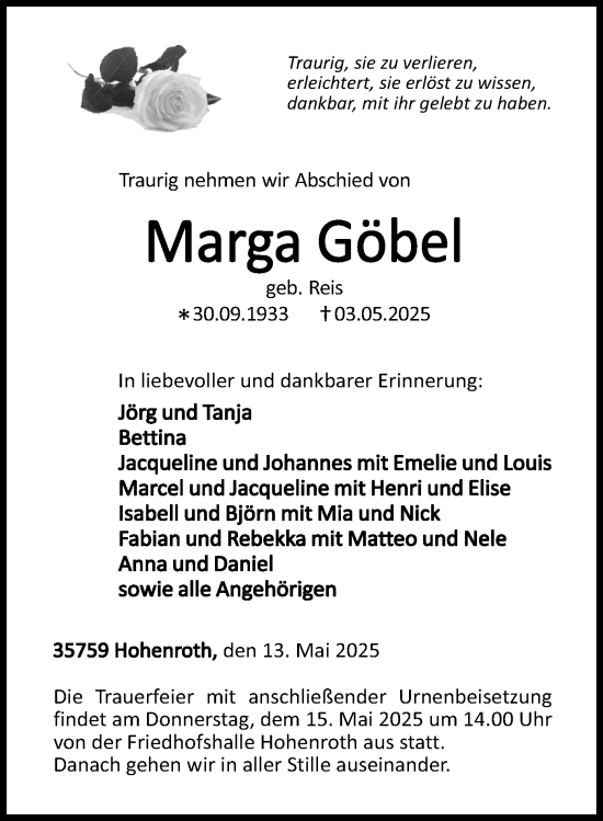 Traueranzeige von Marga Göbel von Dill Block