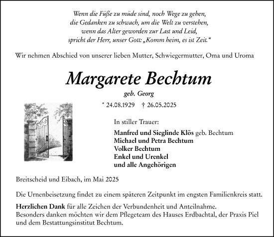 Traueranzeige von Margarete Bechtum von Dill Block