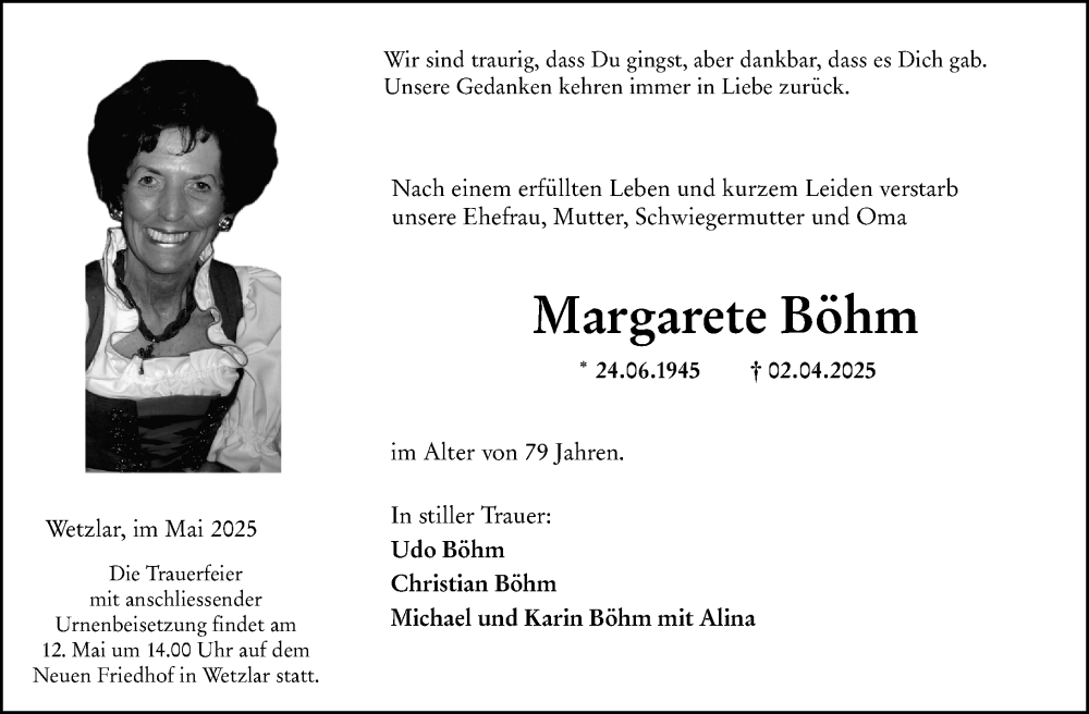  Traueranzeige für Margarete Böhm vom 07.05.2025 aus Wetzlarer Neue Zeitung