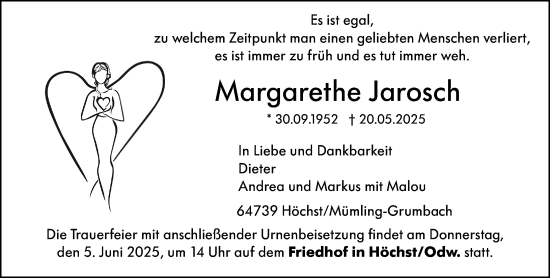 Traueranzeige von Margarethe Jarosch von Odenwälder Echo