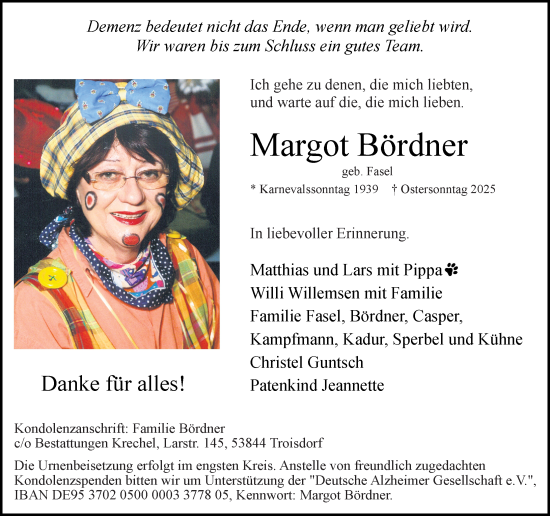 Traueranzeige von Margot Bördner von Camberger Anzeiger