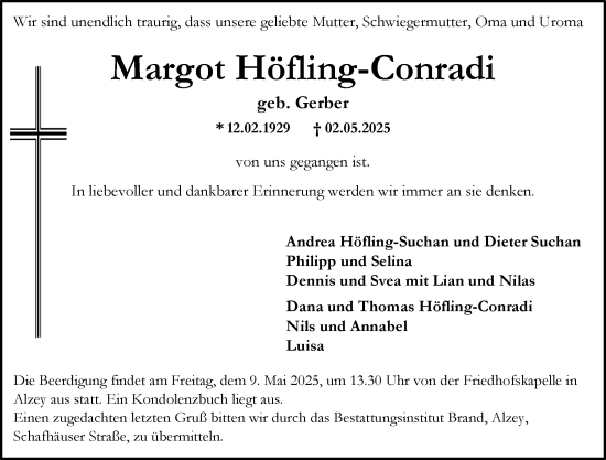 Traueranzeige von Margot Höfing-Conradi von Allgemeine Zeitung Alzey