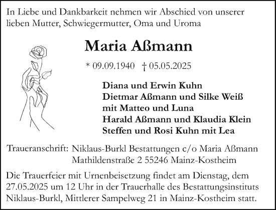 Traueranzeige von Maria Aßmann von Allgemeine Zeitung Mainz