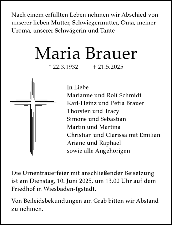 Traueranzeige von Maria Brauer von Wiesbadener Kurier