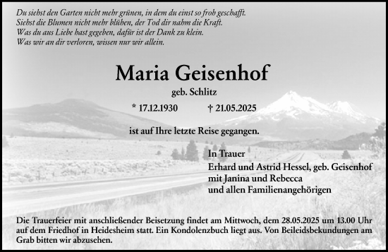 Traueranzeige von Maria Geisenhof von Allgemeine Zeitung Rheinhessen-Nahe
