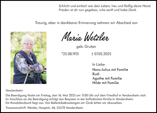 Traueranzeige von Maria Wetzler von Allgemeine Zeitung Alzey