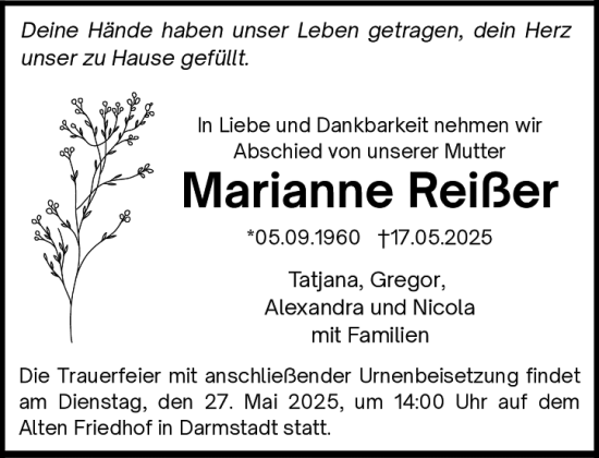 Traueranzeige von Marianne Reißer von Darmstädter Echo