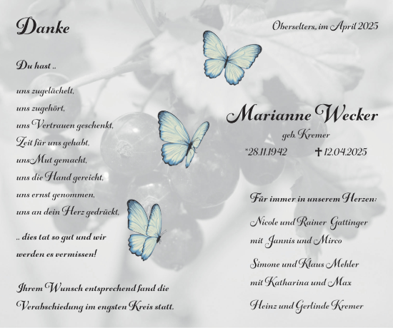 Traueranzeige von Marianne Wecker von Camberger Anzeiger