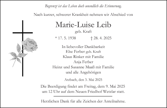 Traueranzeige von Marie-Luise Leib von Wetzlarer Neue Zeitung
