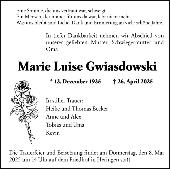 Traueranzeige von Marie Luise Gwiasdowski von Nassauische Neue Presse