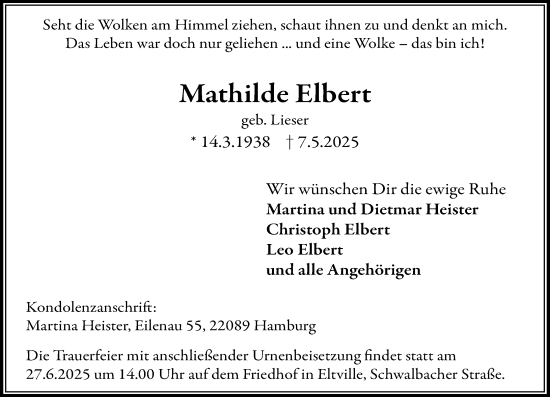 Traueranzeige von Mathilde Elbert von Wiesbadener Kurier
