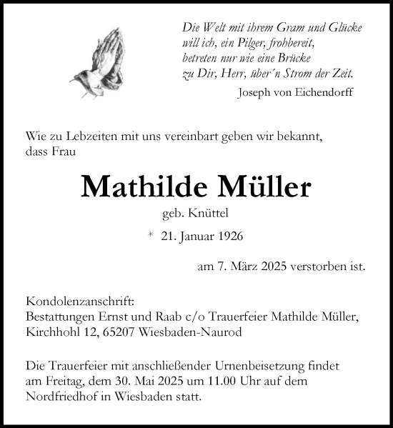 Traueranzeige von Mathilde Müller von Wiesbadener Kurier