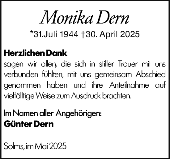Traueranzeige von Monika Dern von Wetzlarer Neue Zeitung