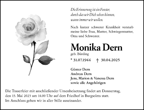 Traueranzeige von Monika Dern von Wetzlarer Neue Zeitung