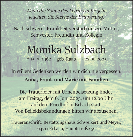 Traueranzeige von Monika Sulzbach von Odenwälder Echo