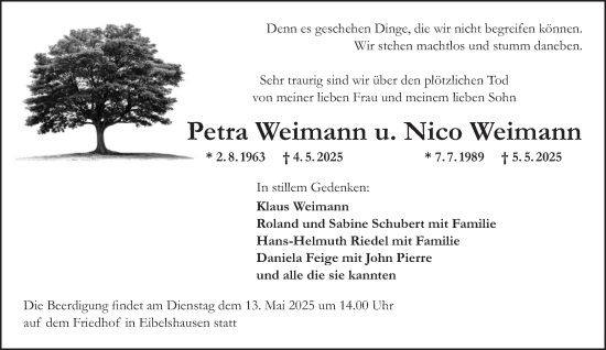 Traueranzeige von Nico Weimann von Dill Block