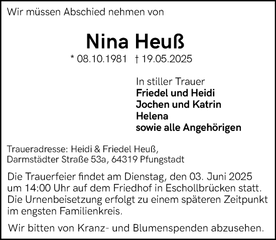 Traueranzeige von Nina Heuß von Darmstädter Echo