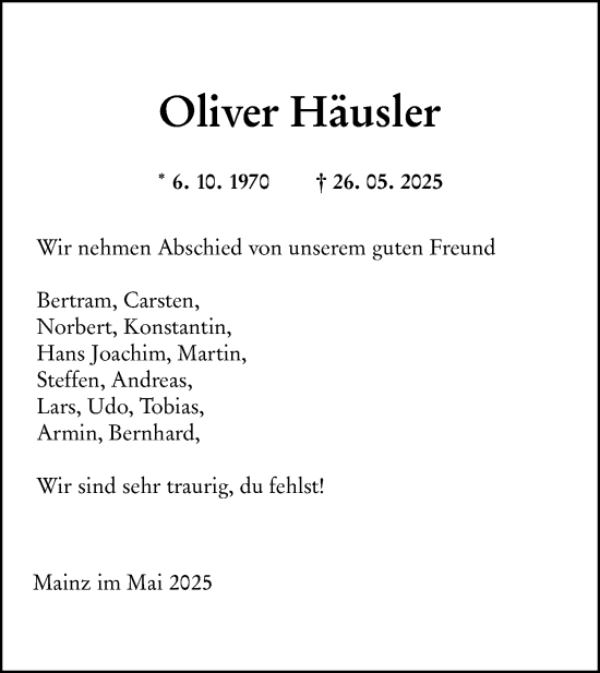 Traueranzeige von Oliver Häusler von Allgemeine Zeitung Mainz